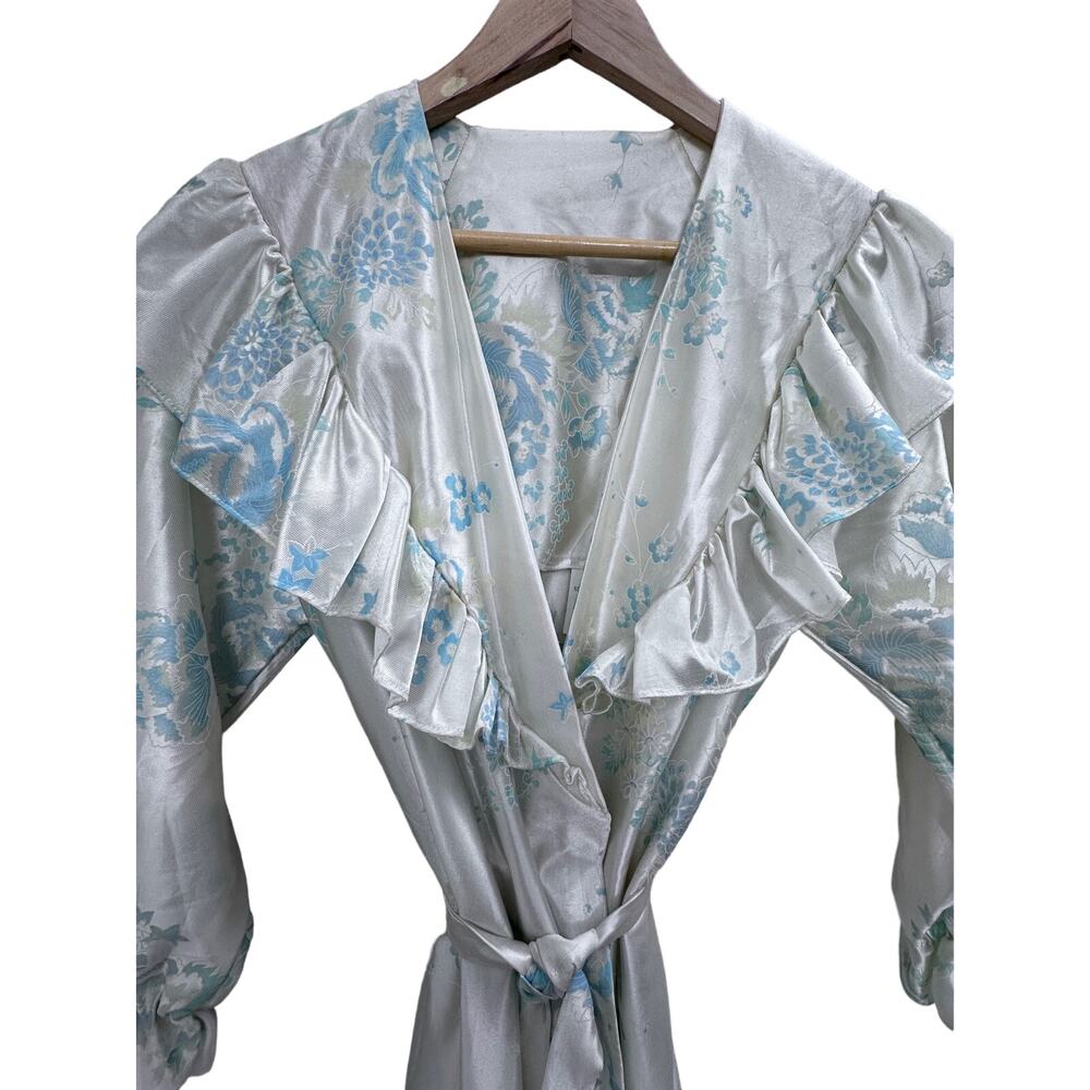 VINTAGE floral cream blue robe peignoir women's size medium 12 14